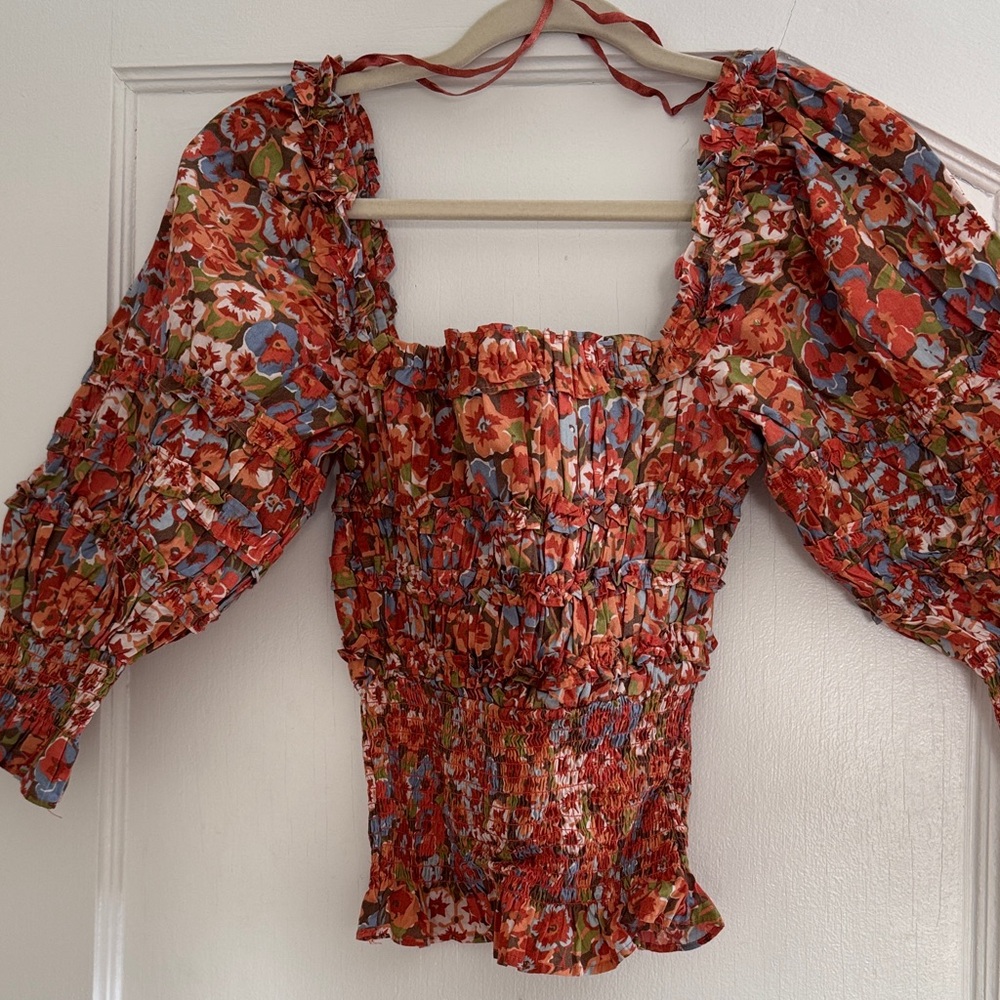 House of Harlow 1960 Red Floral Smocked Blouse